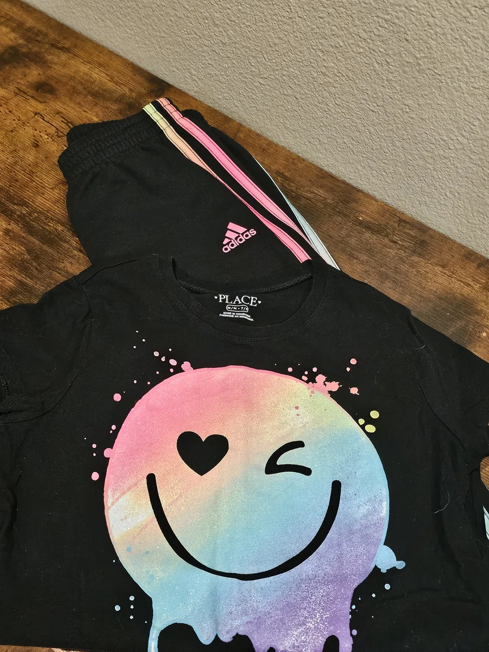 Adidas Black Joggers with Pastel Rainbow Side Stripes And Happy Face Tee